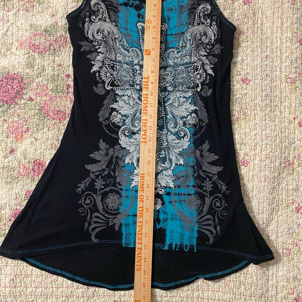Doral Women’s Tunic CROSS Rhinestones Floral Angel Wings blk/Turquoise Large - Picture 7 of 7
